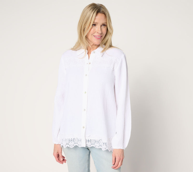 Susan Graver PURE Petite Cotton Gauze Button Front Tunic w/Lace — View 11