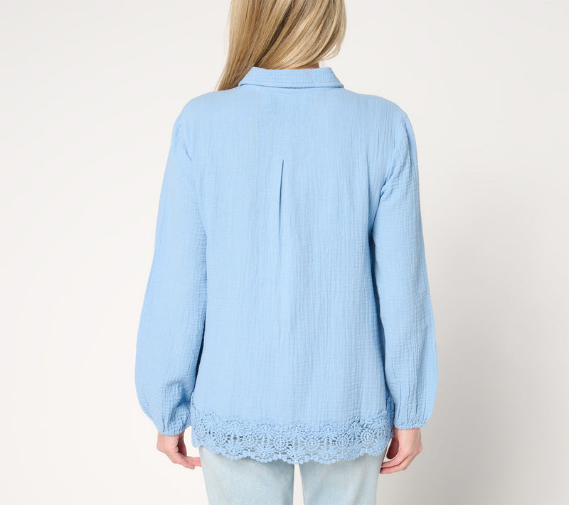 Susan Graver PURE Petite Cotton Gauze Button Front Tunic w/Lace — View 14