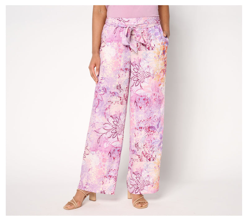 Susan Graver Regular Printed Dove Twill Wide-Leg Pants With Tie — View 7