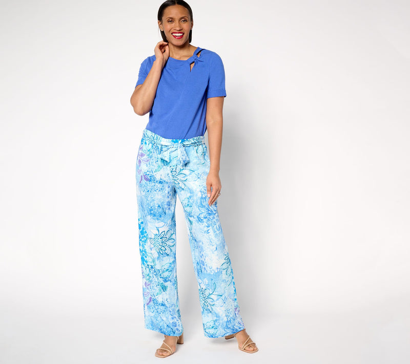 Susan Graver Regular Printed Dove Twill Wide-Leg Pants With Tie — View 13