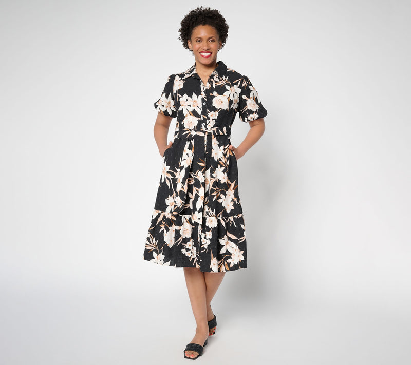 Susan Graver Regular Printed Textured Woven Button Front Midi Dress — View 9