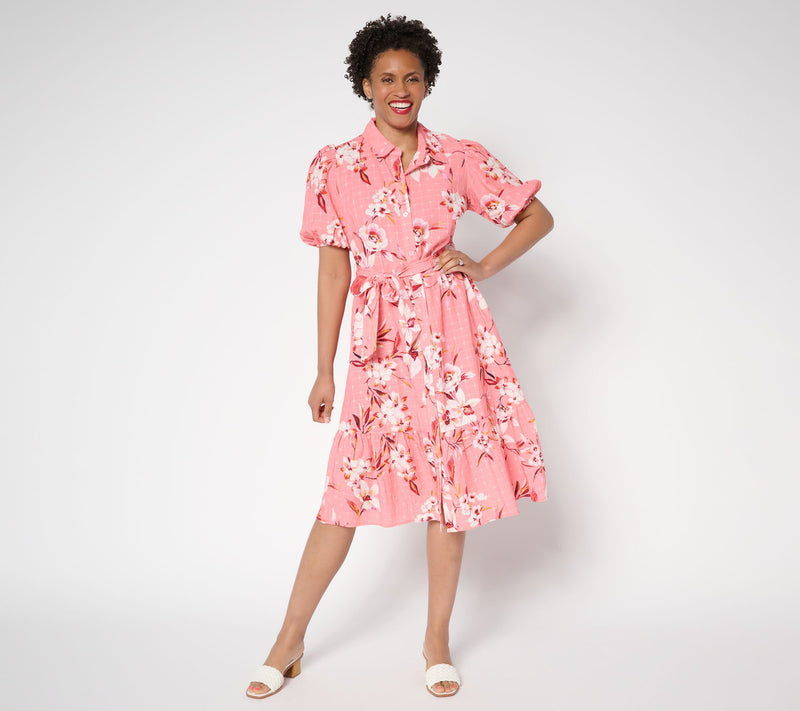 Susan Graver Regular Printed Textured Woven Button Front Midi Dress — View 7