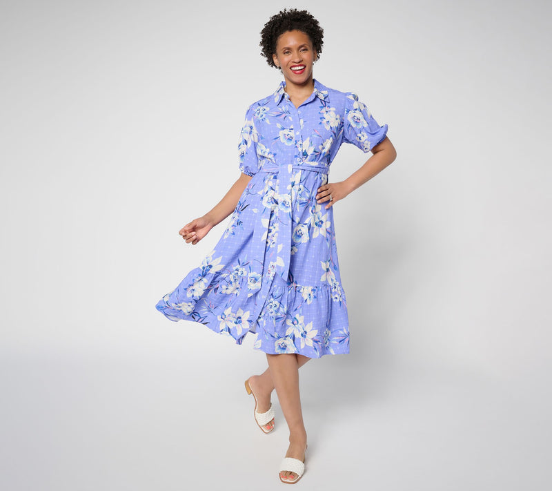 Susan Graver Regular Printed Textured Woven Button Front Midi Dress — View 3