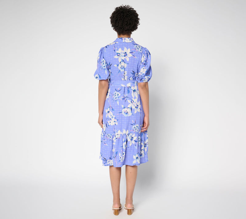 Susan Graver Petite Printed Textured Woven Button Front Midi Dress — View 4