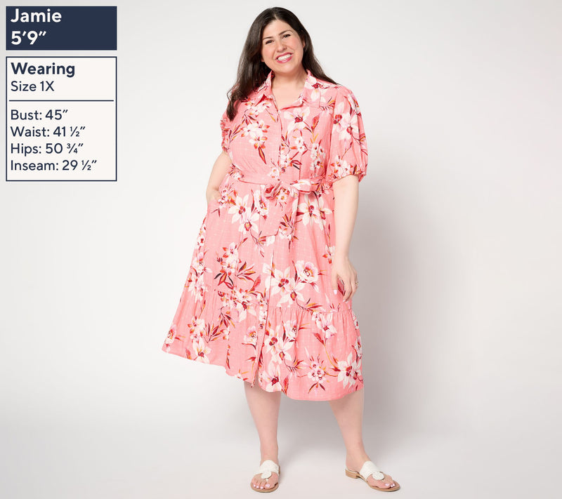 Susan Graver Petite Printed Textured Woven Button Front Midi Dress — View 2