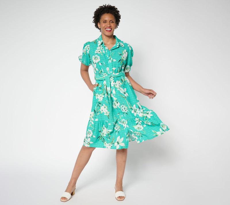 Susan Graver Petite Printed Textured Woven Button Front Midi Dress — View 12