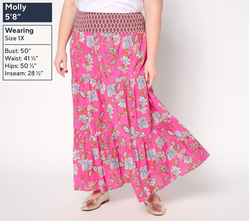 Susan Graver PURE Regular Printed Cotton Smocked Waist Maxi Skirt — View 10