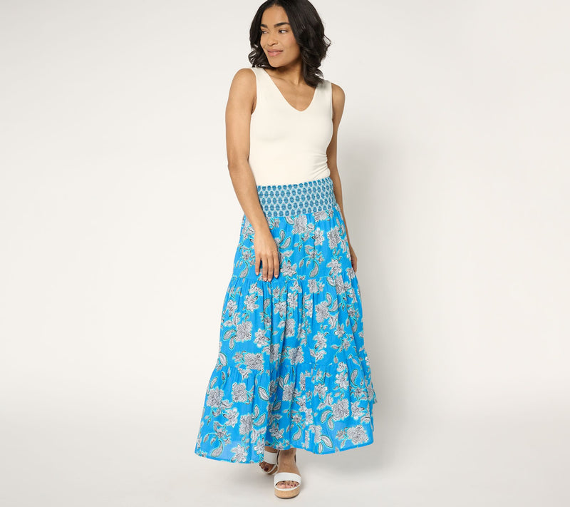 Susan Graver PURE Petite Printed Cotton Smocked Waist Maxi Skirt — View 12