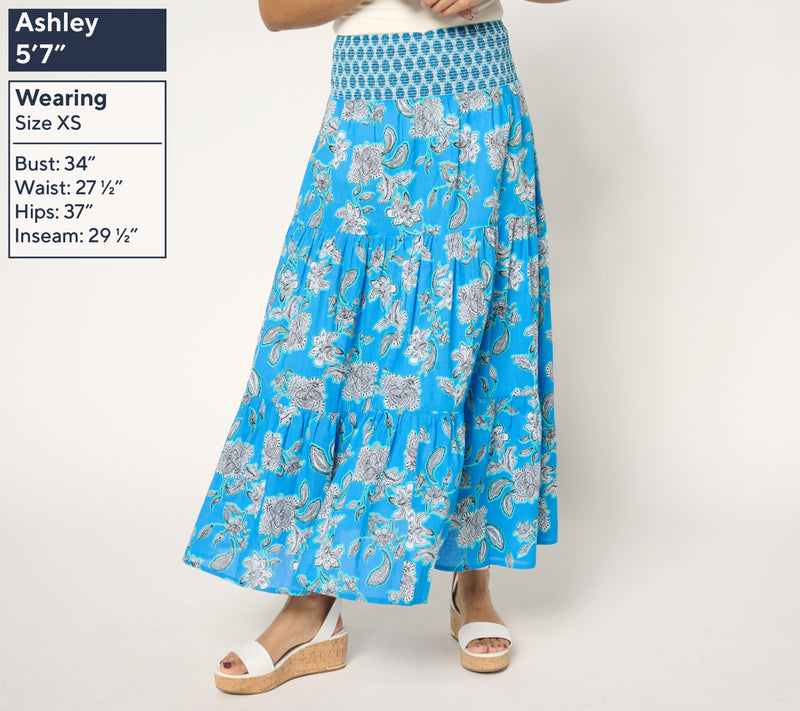 Susan Graver PURE Petite Printed Cotton Smocked Waist Maxi Skirt — View 10