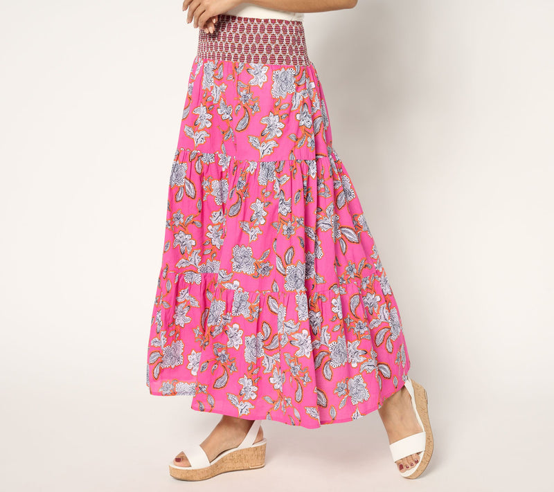 Susan Graver PURE Petite Printed Cotton Smocked Waist Maxi Skirt — View 5