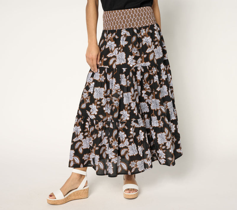 Susan Graver PURE Petite Printed Cotton Smocked Waist Maxi Skirt — View 9