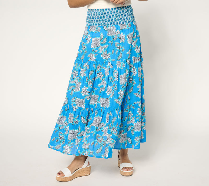 Susan Graver PURE Petite Printed Cotton Smocked Waist Maxi Skirt — View 7