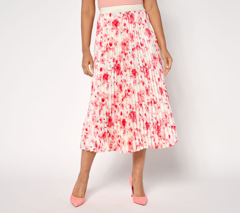 Susan Graver Regular Printed Satin Twill Pleated Midi Skirt — View 12