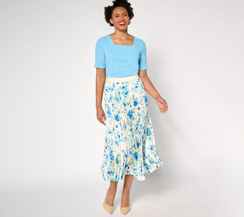Susan Graver Petite Printed Satin Twill Pleated Midi Skirt — View 13