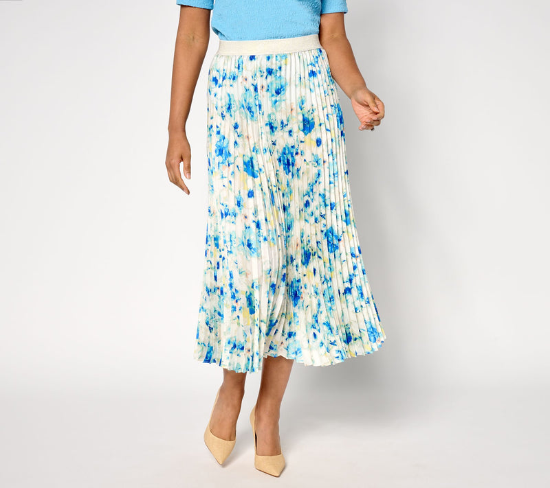 Susan Graver Petite Printed Satin Twill Pleated Midi Skirt — View 3