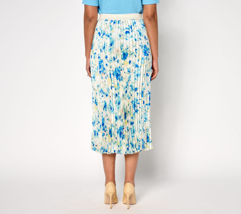 Susan Graver Petite Printed Satin Twill Pleated Midi Skirt — View 12