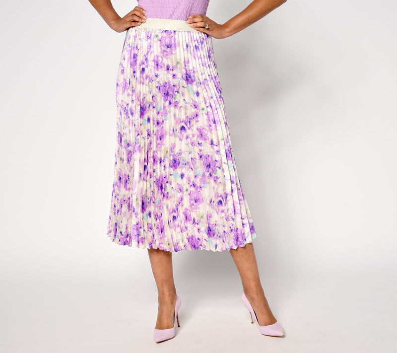 Susan Graver Petite Printed Satin Twill Pleated Midi Skirt — View 7