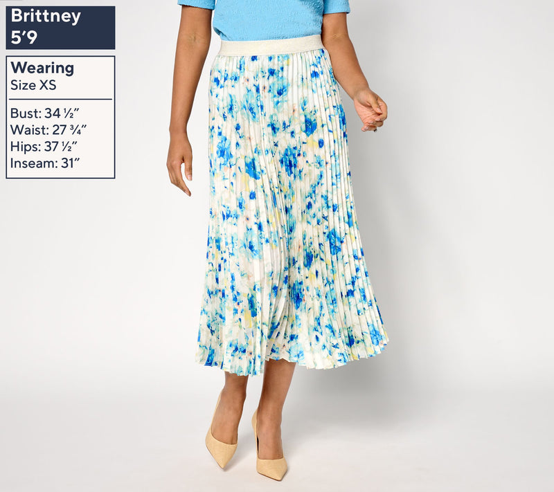 Susan Graver Petite Printed Satin Twill Pleated Midi Skirt — View 11