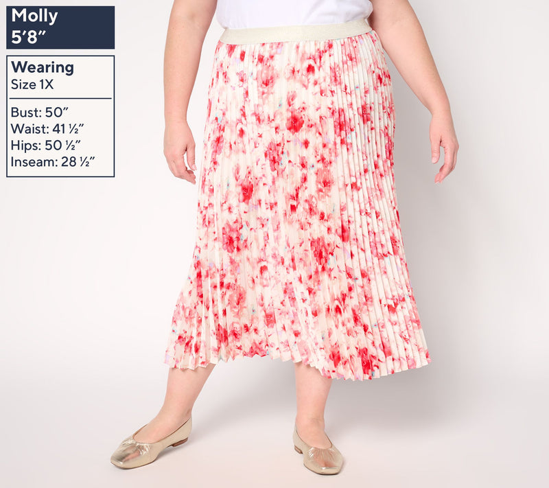 Susan Graver Petite Printed Satin Twill Pleated Midi Skirt — View 10