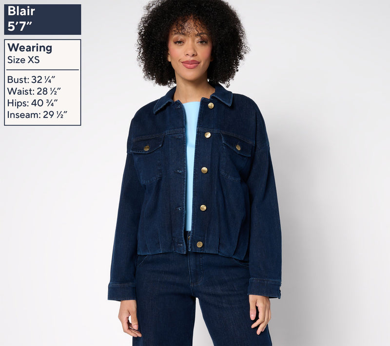 Carla Rockmore Collection Pleated Bubble Hem Denim Jacket- Indigo — View 2