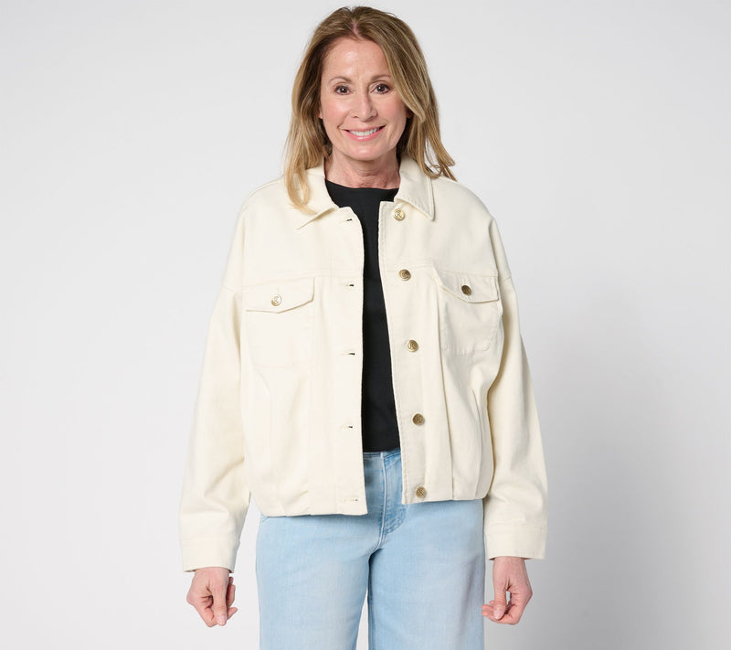 Carla Rockmore Collection Pleated Bubble Hem Denim Jacket- Ecru — View 12