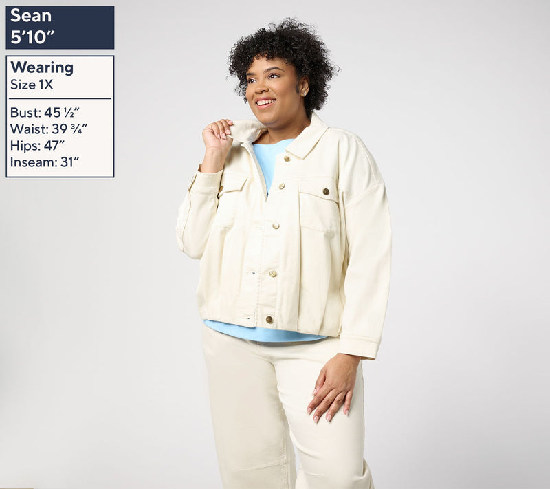Carla Rockmore Collection Pleated Bubble Hem Denim Jacket- Ecru — View 2