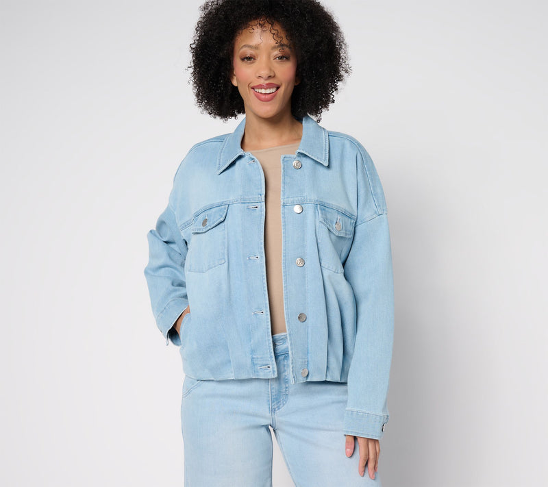 Carla Rockmore Collection Pleated Bubble Hem Denim Jacket- Ecru — View 13
