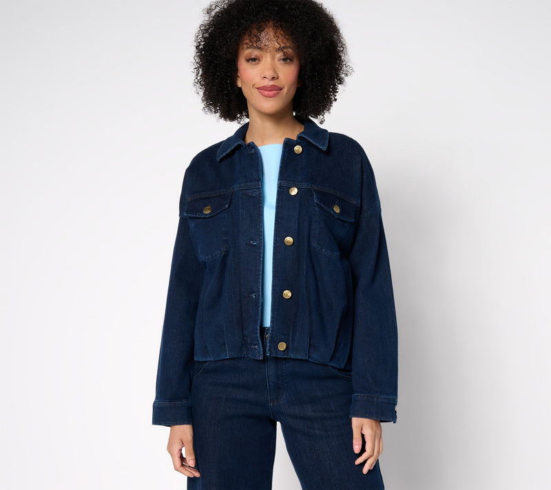 Carla Rockmore Collection Pleated Bubble Hem Denim Jacket- Ecru — View 14