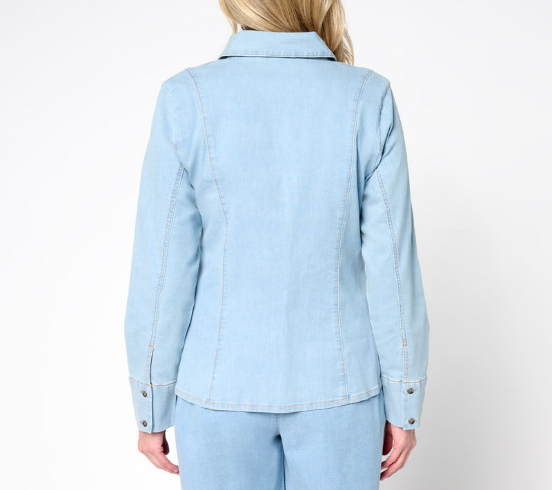 Peace Love World Denim Button-Front Shirt with Seam Details — View 3