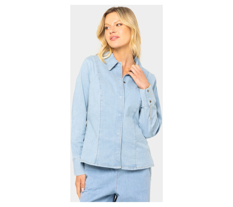 Peace Love World Denim Button-Front Shirt with Seam Details — View 7