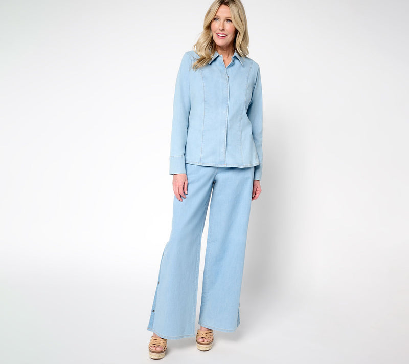 Peace Love World Denim Button-Front Shirt with Seam Details — View 4