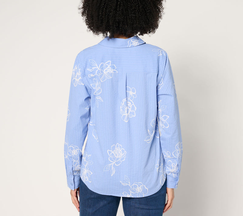 Joan Rivers Stretch Cotton Seersucker Printed Floral Shirt — View 6