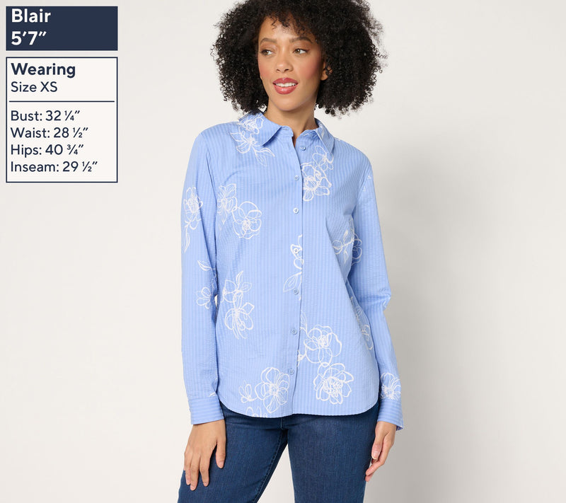 Joan Rivers Stretch Cotton Seersucker Printed Floral Shirt — View 5