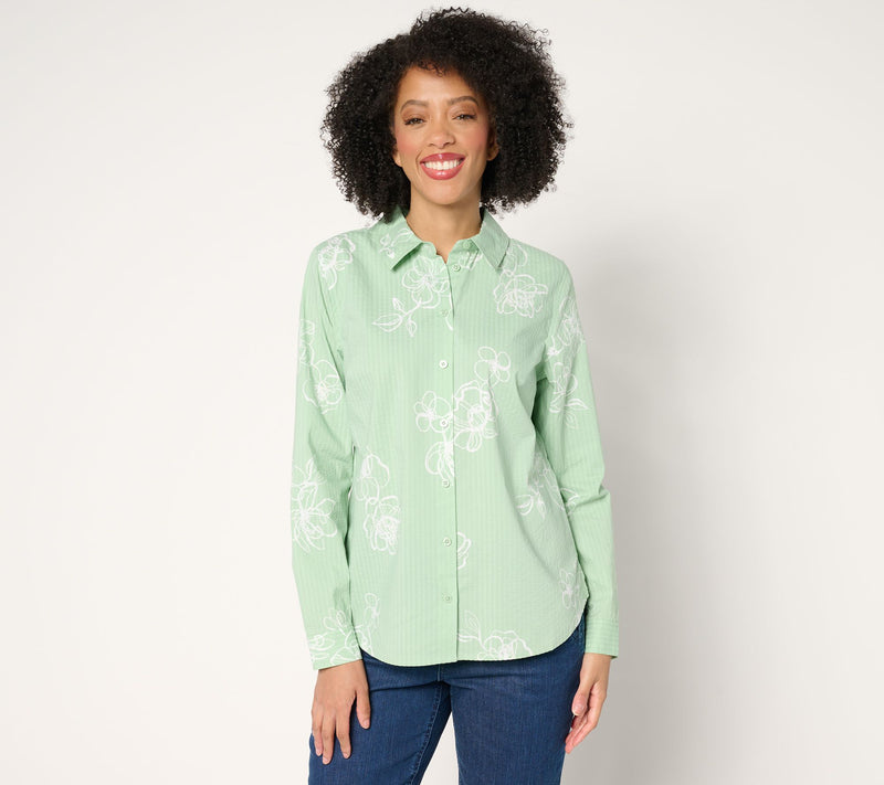 Joan Rivers Stretch Cotton Seersucker Printed Floral Shirt — View 14