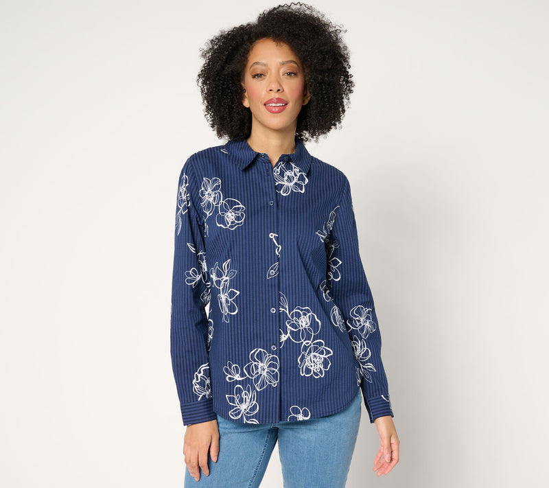 Joan Rivers Stretch Cotton Seersucker Printed Floral Shirt — View 15