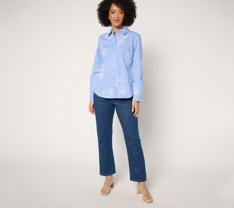 Joan Rivers Stretch Cotton Seersucker Printed Floral Shirt — View 7