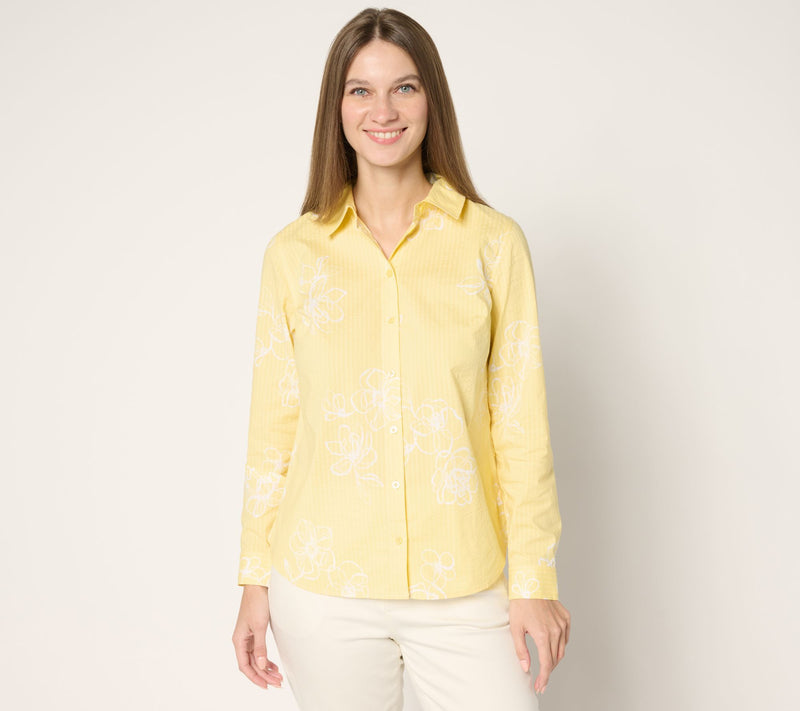 Joan Rivers Stretch Cotton Seersucker Printed Floral Shirt — View 3