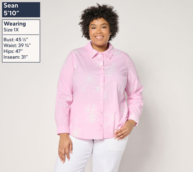 Joan Rivers Stretch Cotton Seersucker Printed Floral Shirt — View 4