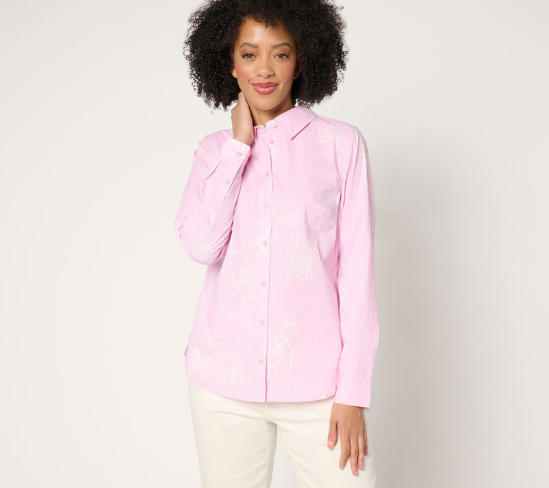 Joan Rivers Stretch Cotton Seersucker Printed Floral Shirt — View 16