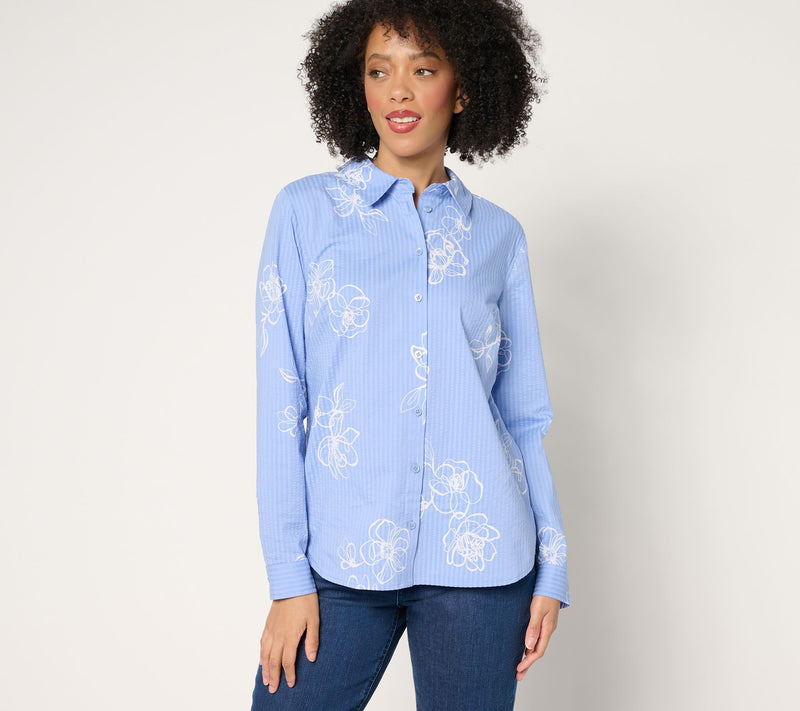 Joan Rivers Stretch Cotton Seersucker Printed Floral Shirt — View 17
