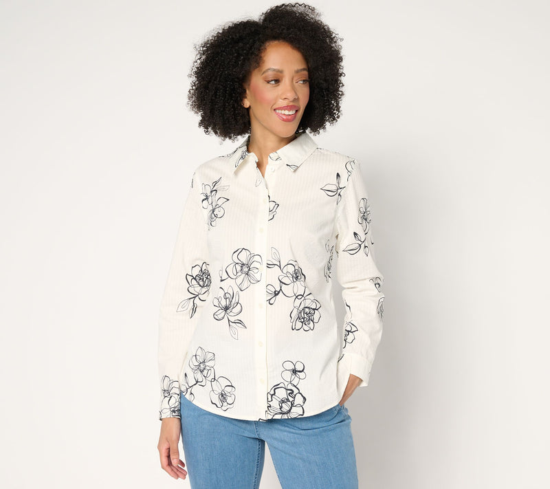 Joan Rivers Stretch Cotton Seersucker Printed Floral Shirt — View 18