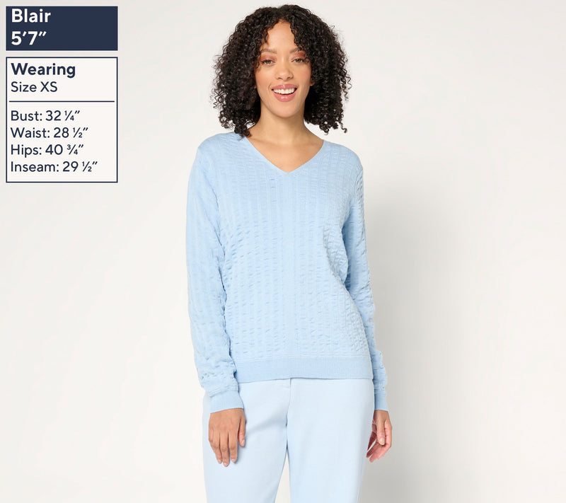 Joan Rivers Cotton Seersucker V-Neck Sweater — View 3