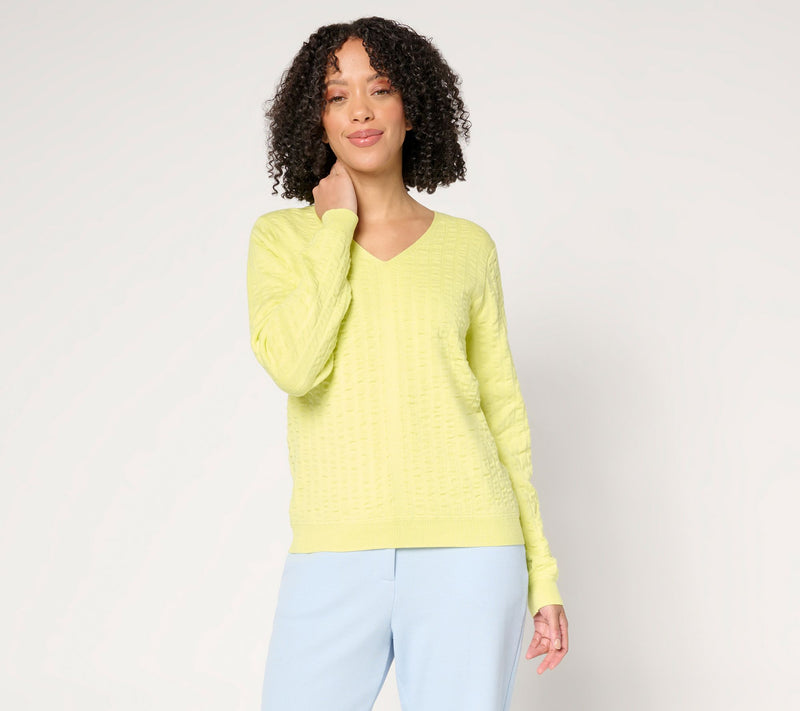Joan Rivers Cotton Seersucker V-Neck Sweater — View 10