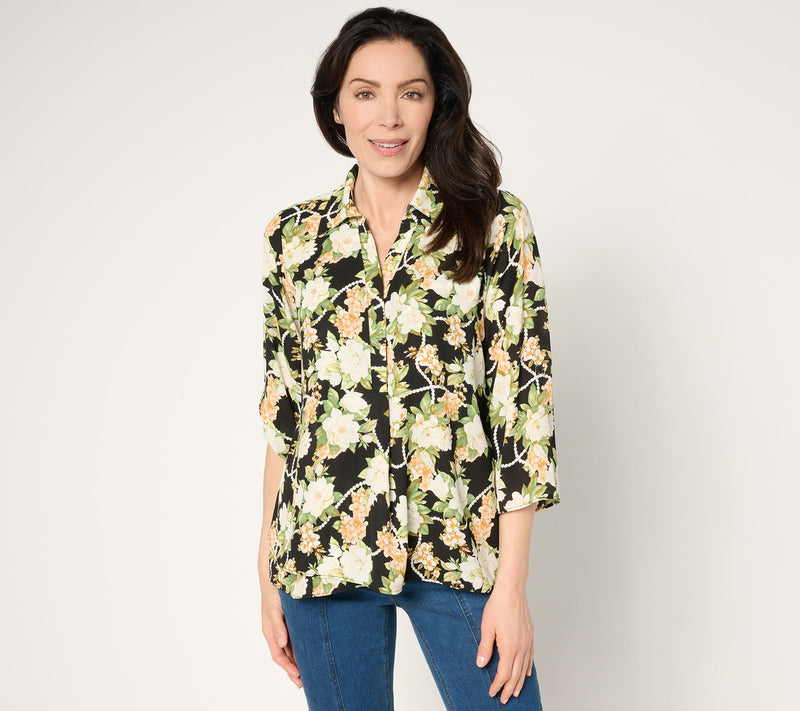 Joan Rivers Georgette Gardenia Print Blouse with Roll-Tab Sleeve — View 11