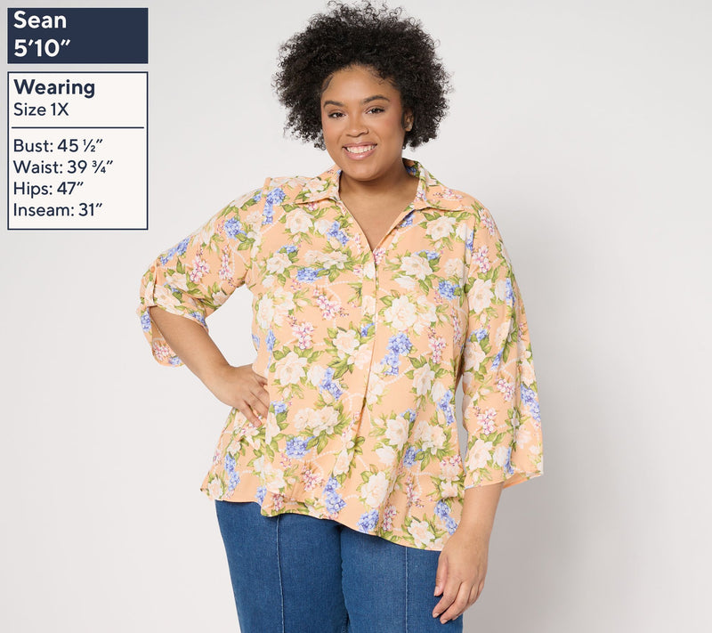 Joan Rivers Georgette Gardenia Print Blouse with Roll-Tab Sleeve — View 2