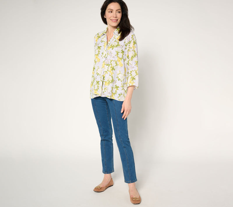 Joan Rivers Georgette Gardenia Print Blouse with Roll-Tab Sleeve — View 5