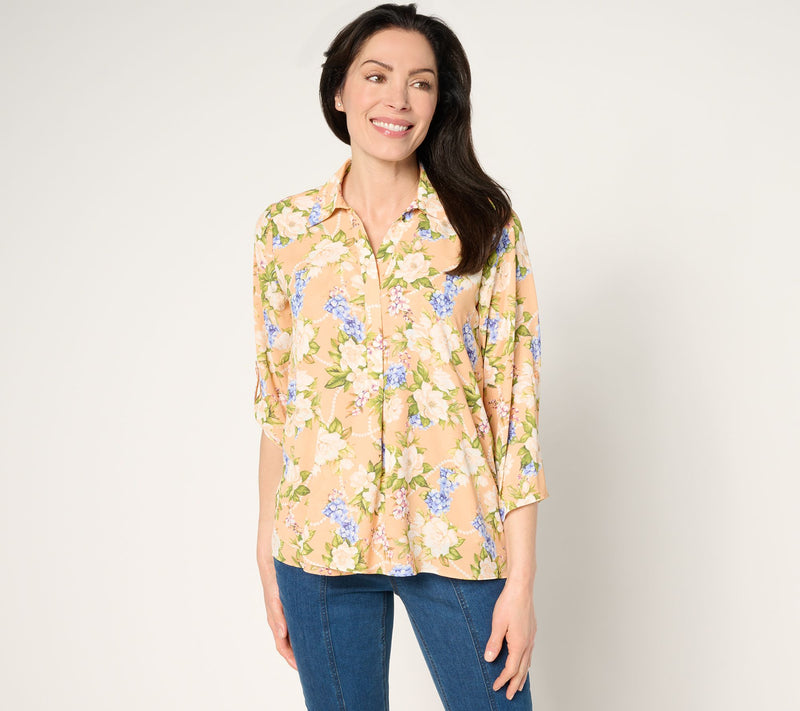 Joan Rivers Georgette Gardenia Print Blouse with Roll-Tab Sleeve — View 14