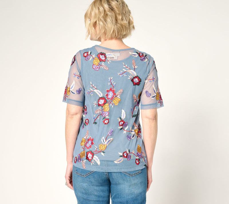 LOGO Lavish by Lori Goldstein Embroidered Mesh Top with Knit Tank — View 3