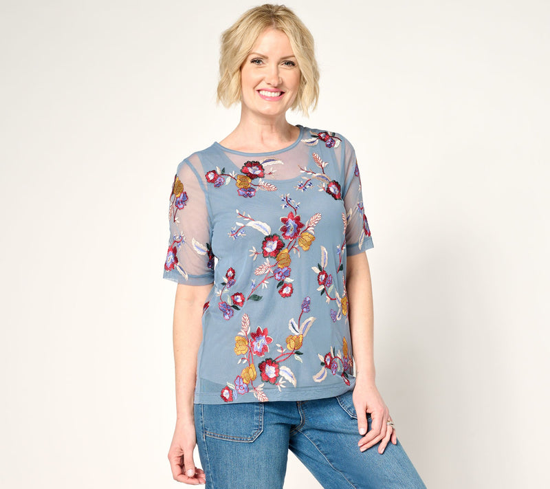 LOGO Lavish by Lori Goldstein Embroidered Mesh Top with Knit Tank — View 9
