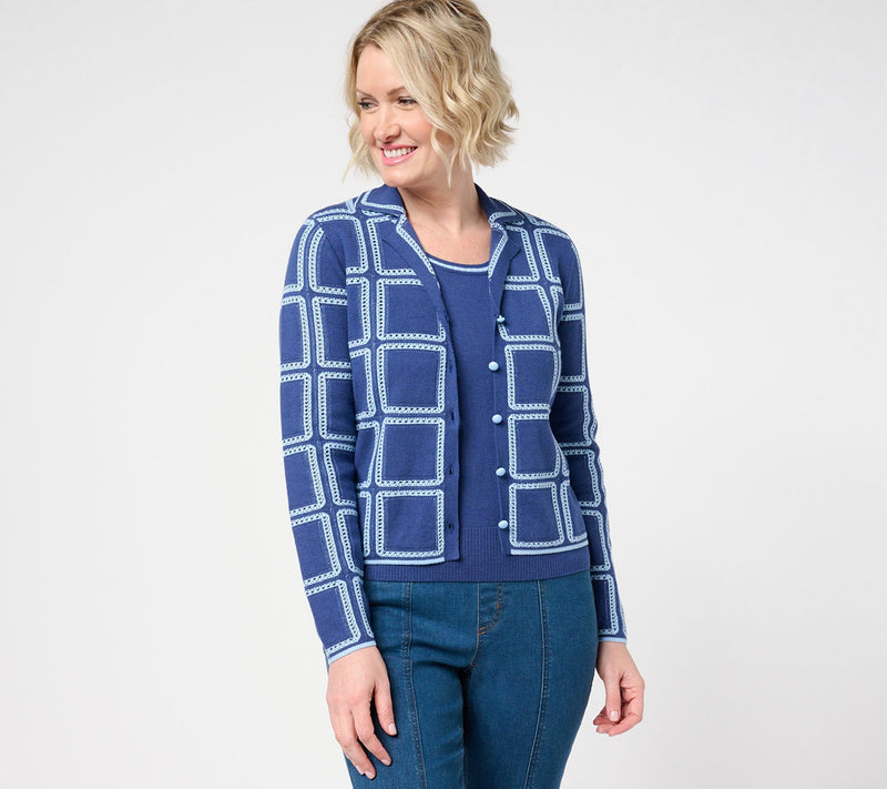 Isaac Mizrahi Live! Pointelle Check Sweater Cardigan with Collar — View 7